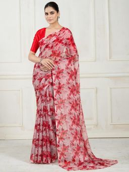 Garden VARELI - Women Red Floral Printed Chiffon Saree Without Blouse