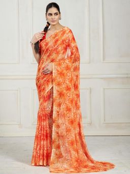 Garden VARELI - Women Orange Floral Printed Chiffon Saree With Unstitched Blouse