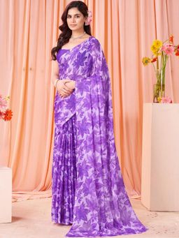 Garden VARELI - Women Purple Floral Printed Chiffon Saree Without Blouse