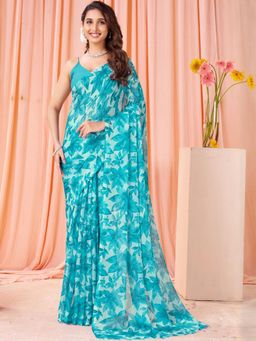 Garden VARELI - Women Turquoise Floral Printed Chiffon Saree Without Blouse