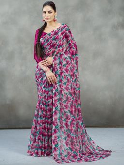 Garden VARELI - Women Magenta Printed Chiffon Saree Without Blouse