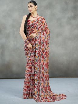 Garden VARELI - Women Maroon Printed Chiffon Saree Without Blouse