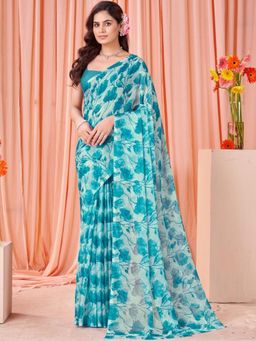 Garden VARELI - Women Turquoise Floral Printed Chiffon Saree Without Blouse
