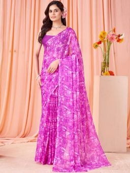 Garden VARELI - Women Magenta Floral Printed Chiffon Saree Without Blouse