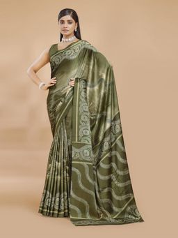 Garden VARELI - Women Olive Floral Printed Crepe Saree With Unstitched Blouse