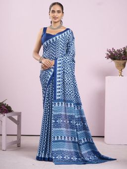 Garden VARELI - Women Blue Geometric Printed Crepe Saree With Unstitched Blouse