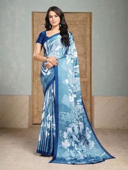 Garden VARELI - Blue Printed Crepe Saree With Unstitched Blouse