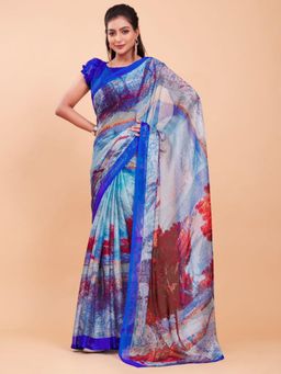 Garden VARELI - Blue Abstract Chiffon Saree Without Blouse