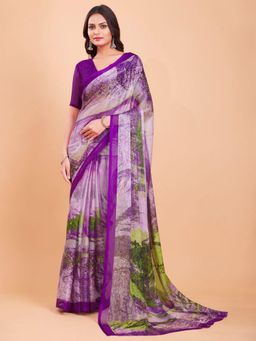 Garden VARELI - Purple Abstract Chiffon Saree Without Blouse