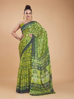 Garden VARELI - Green Printed Chiffon Saree Without Blouse