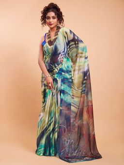 Garden VARELI - Blue Printed Chiffon Saree Without Blouse
