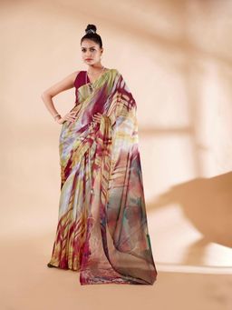 Garden VARELI - Maroon Printed Chiffon Saree Without Blouse