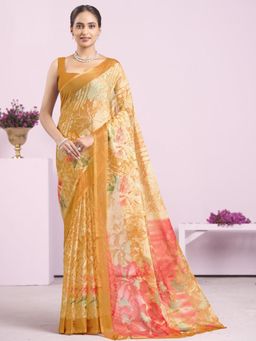 Garden VARELI - Yellow Floral Chiffon Saree Without Blouse