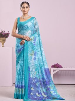 Garden VARELI - Teal Floral Chiffon Saree Without Blouse