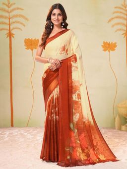 Garden VARELI - Orange Floral Chiffon Saree Without Blouse