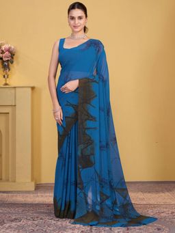 Garden VARELI - Blue Printed Chiffon Saree Without Blouse