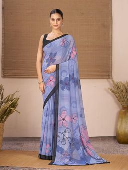 Garden VARELI - Blue Floral Chiffon Saree Without Blouse