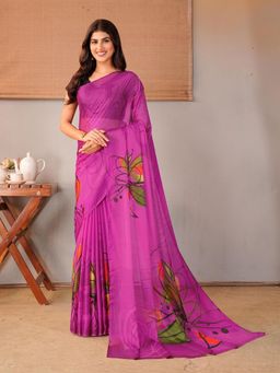 Garden VARELI - Magenta Floral Chiffon Saree Without Blouse