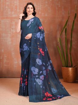 Garden VARELI - Blue Floral Chiffon Saree Without Blouse