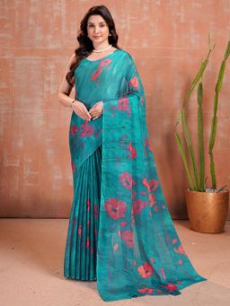 Garden VARELI - Teal Floral Chiffon Saree Without Blouse