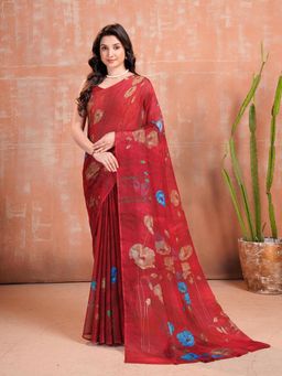 Garden VARELI - Maroon Floral Chiffon Saree Without Blouse