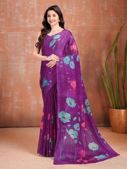 Garden VARELI - Purple Floral Chiffon Saree Without Blouse
