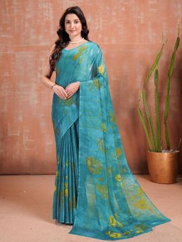 Garden VARELI - Teal Floral Chiffon Saree Without Blouse