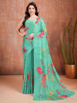 Garden VARELI - Turquoise Floral Chiffon Saree Without Blouse