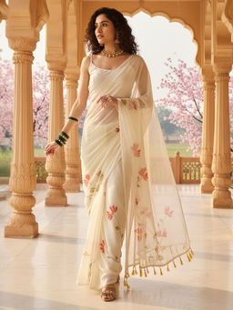 Akhilam - Women Chiffon Off White Printed Designer Saree with Unstitched Blouse