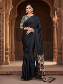 Akhilam - Women Satin Silk Black Printed Designer Saree with Unstitched Blouse