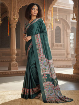 Akhilam - Women Satin Green Printed Designer Saree with Unstitched Blouse