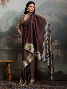 Akhilam - Women Satin Dark Brown Printed Designer Saree with Unstitched Blouse