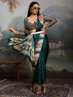 Akhilam - Women Satin Dark Green Printed Designer Saree with Unstitched Blouse