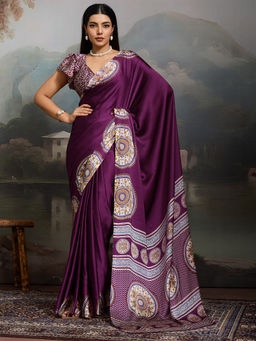 Akhilam - Women Satin Purple Printed Designer Saree with Unstitched Blouse