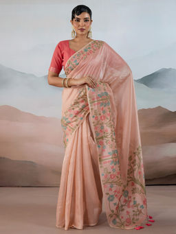 Akhilam - Women Tissue Peach Woven Design Designer Saree with Unstitched Blouse