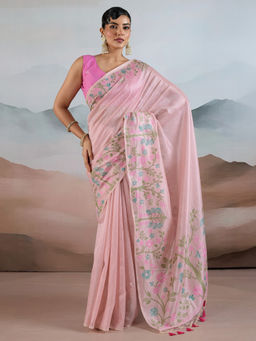 Akhilam - Women Tissue Pink Woven Design Designer Saree with Unstitched Blouse