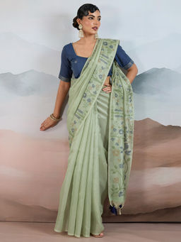 Akhilam - Women Tissue Light Green Woven Design Saree with Unstitched Blouse