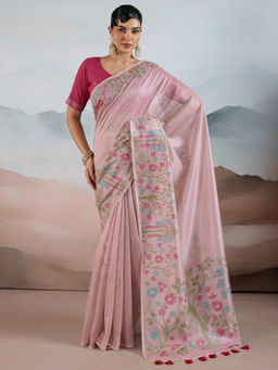 Akhilam - Women Tissue Pink Woven Design Designer Saree with Unstitched Blouse