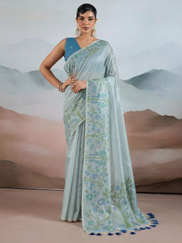 Akhilam - Women Tissue Light Blue Woven Design Designer Saree with Unstitched Blouse