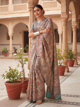 Akhilam - Women Silk Blend Beige Printed Designer Saree with Unstitched Blouse
