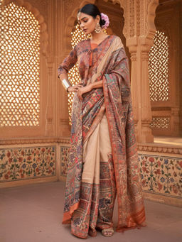 Akhilam - Women Silk Blend Beige Printed Designer Saree with Unstitched Blouse