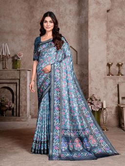 Garden VARELI - Blue Printed Crepe Saree With Unstitched Blouse