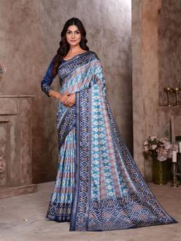 Garden VARELI - Blue Printed Crepe Saree Without Blouse