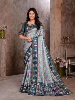 Garden VARELI - Grey Printed Crepe Saree Without Blouse