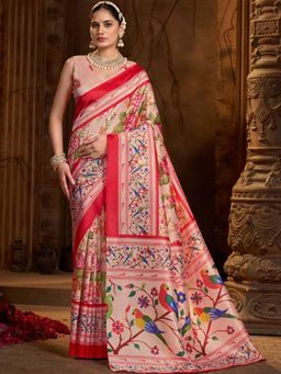 Garden VARELI - Red Floral Silk Saree Without Blouse