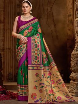 Garden VARELI - Green Floral Silk Saree Without Blouse