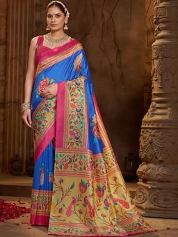 Garden VARELI - Blue Floral Silk Saree With Unstitched Blouse