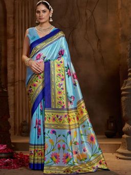 Garden VARELI - Blue Floral Silk Saree Without Blouse
