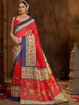 Garden VARELI - Red Floral Silk Saree With Unstitched Blouse