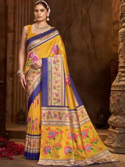 Garden VARELI - Yellow Floral Silk Saree With Unstitched Blouse